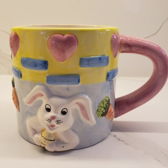 vintage Set of 2 Easter Mug/Vase Easter Bunny Embossed Happy Chick Pink - Picture 2 of 13
